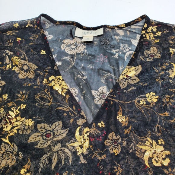 Style & Co Womens Blouse Size Medium Black Metallic Floral Ruffled Cottaggecore - Picture 14 of 16